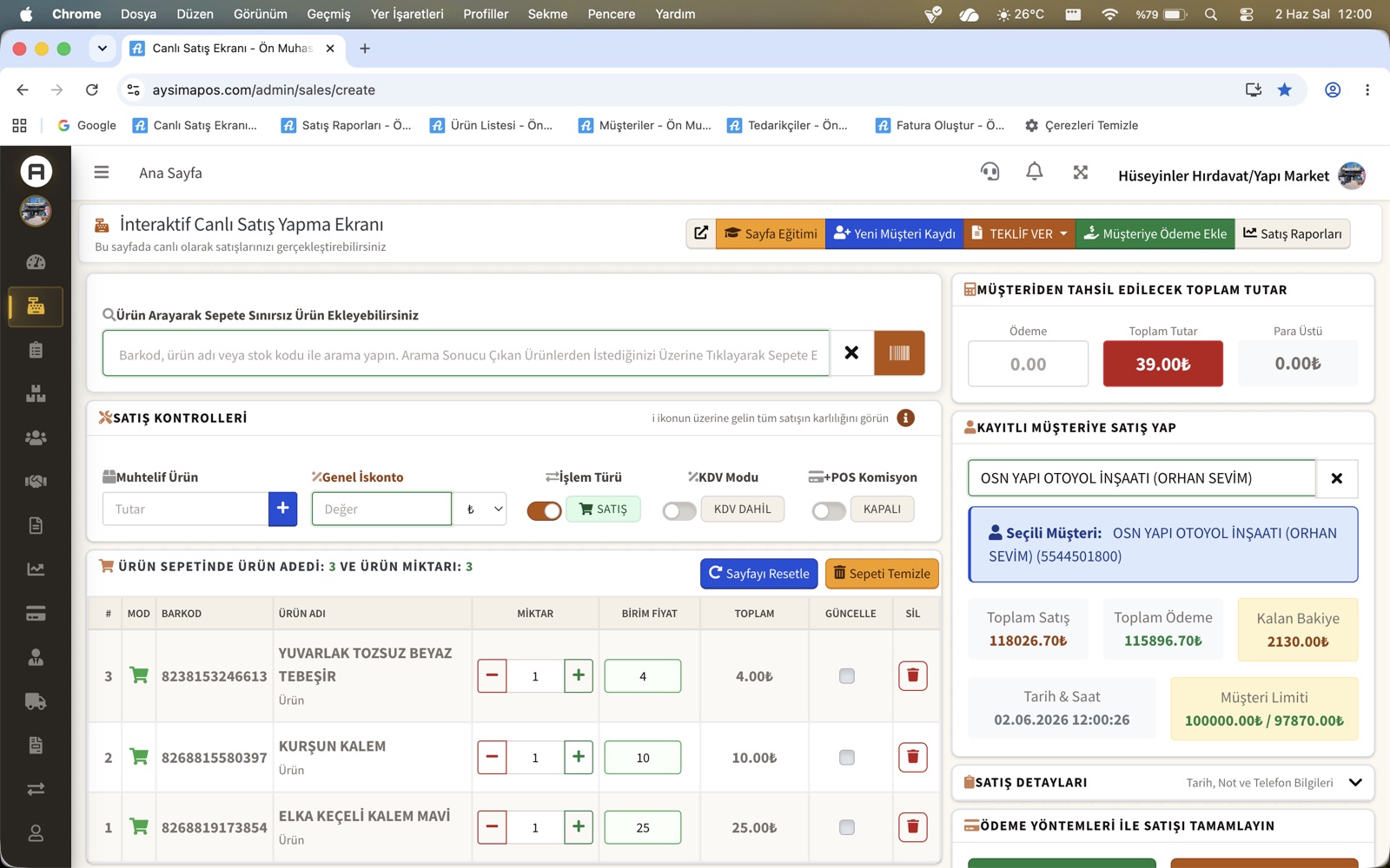 AysimaPOS canlı satış ekranı: kırtasiye ve okul listesi ürünleri (defter, kalem seti, kitap) sepete eklenmiş, okul açık hesap müşterisi seçili, nakit/kart/veresiye/parçalı ödeme seçenekleri
