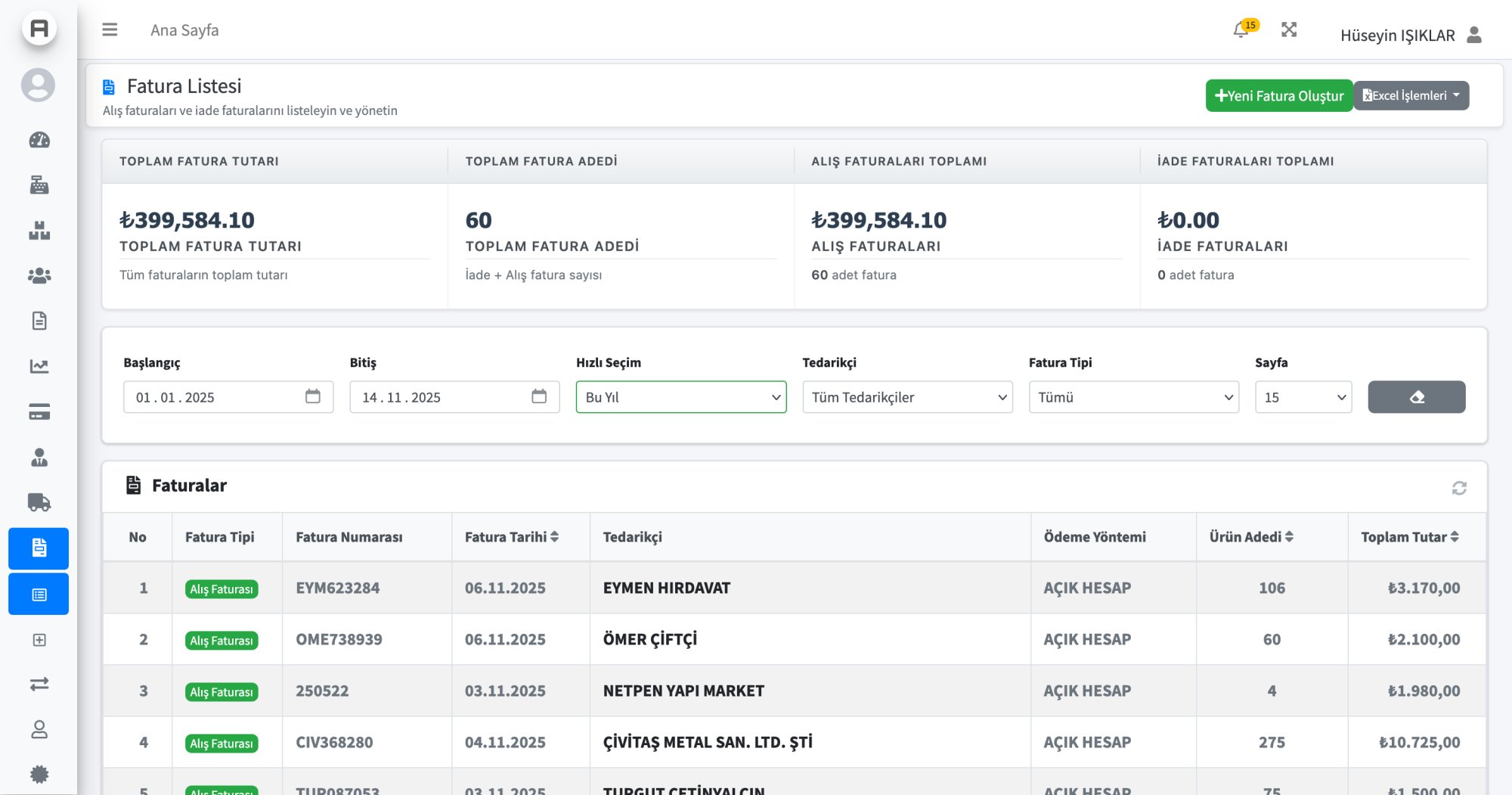 AysimaPOS Alış Faturası Listesi - Tedarikçi Bazlı Alış Analizi