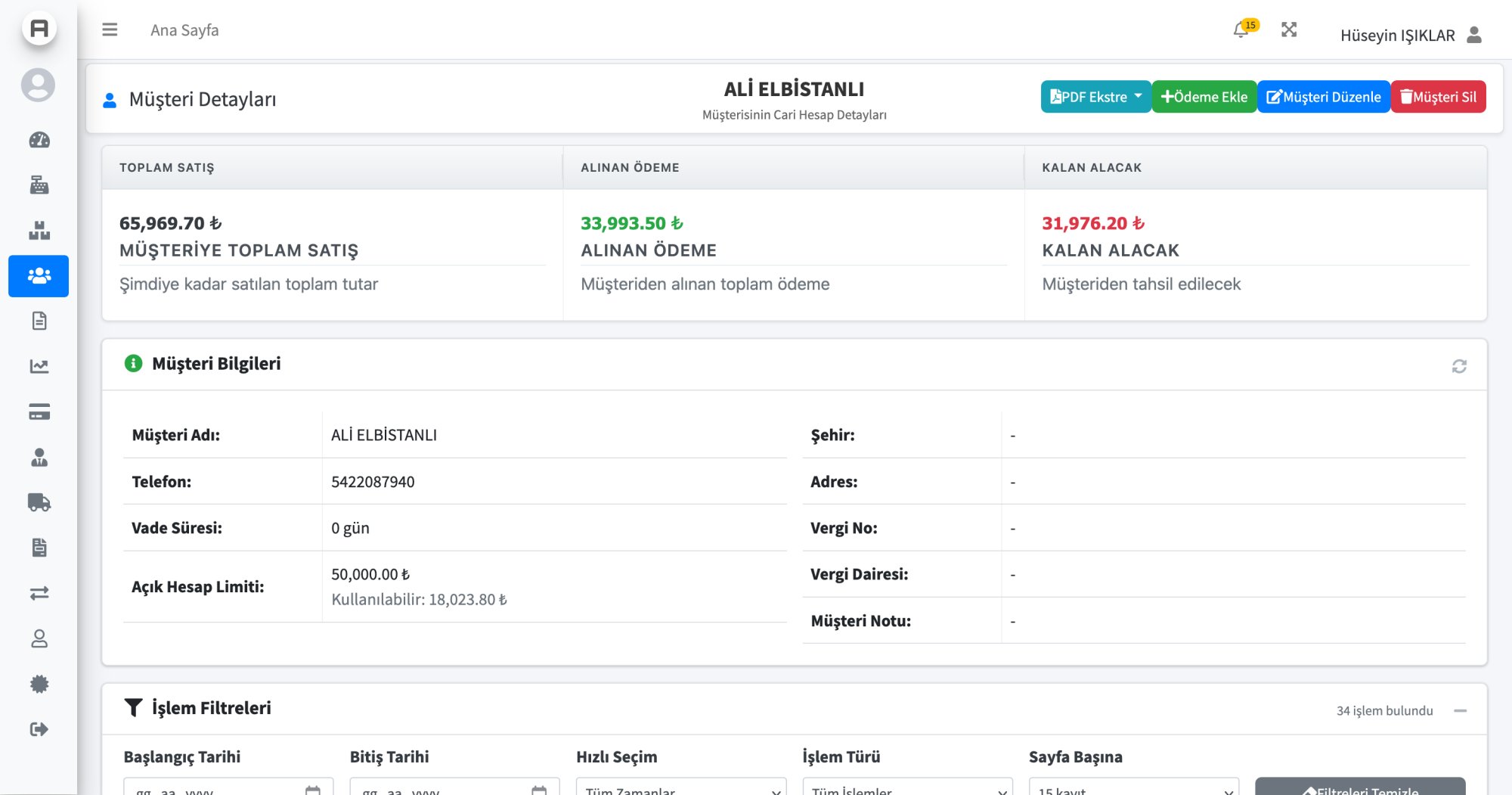 AysimaPOS Müşteri Detay Sayfası - Cari Hesap, Borç/Alacak ve Ödeme Takibi