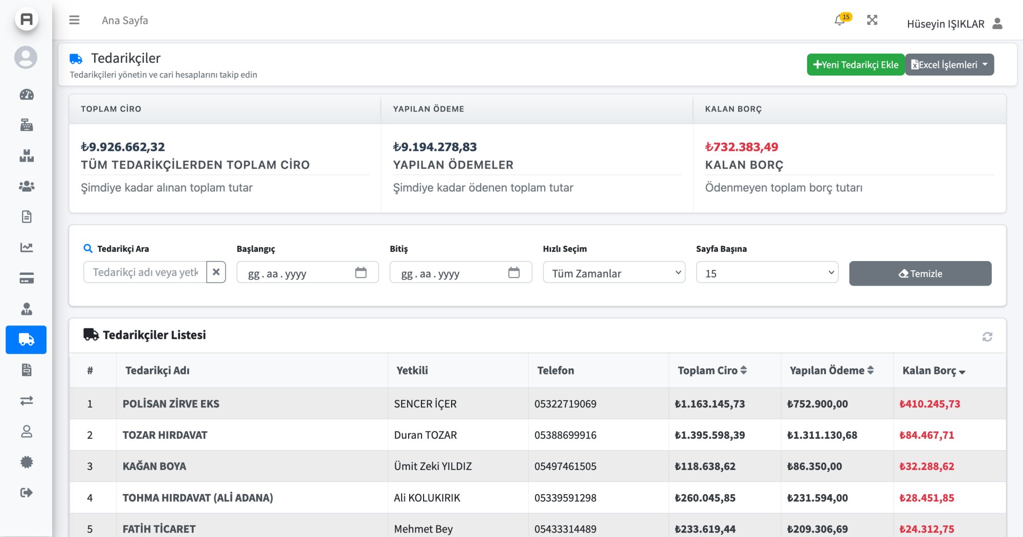 AysimaPOS Tedarikçi Listesi - Cari Hesap ve Alış Faturası Takibi