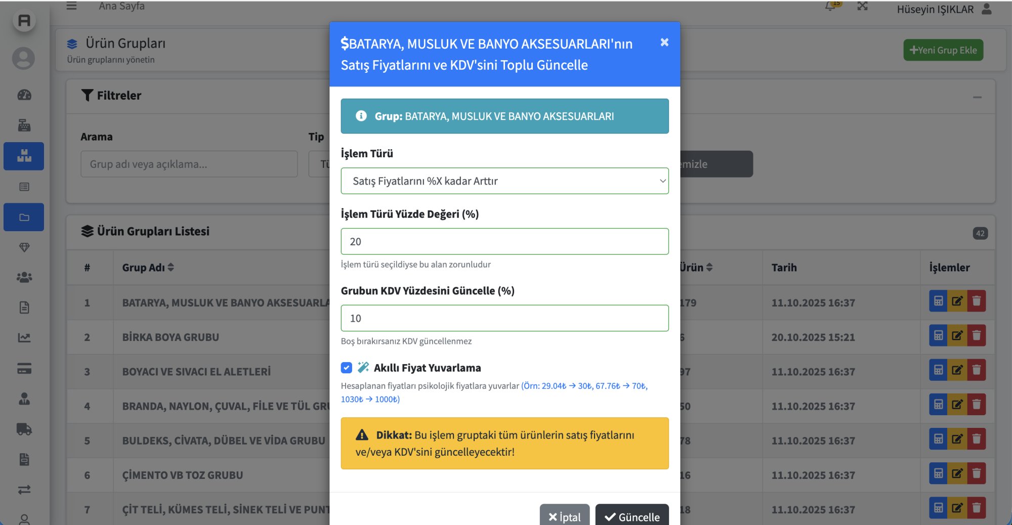 AysimaPOS Ürün Grupları - Toplu Fiyat Güncelleme ve Kar Marjı Yönetimi