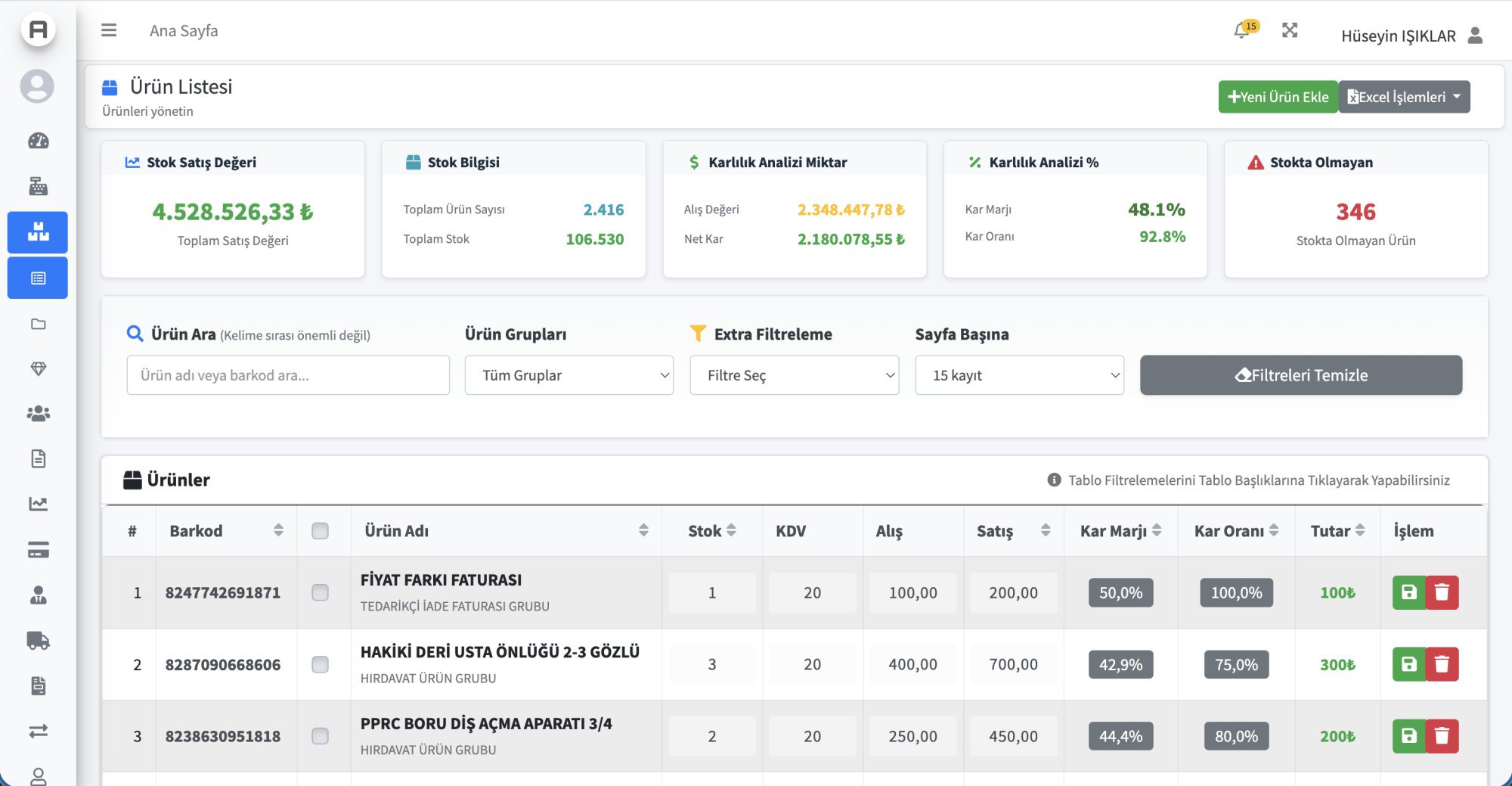 AysimaPOS Ürün Listesi - Hızlı Arama, Filtreleme ve Toplu İşlemler