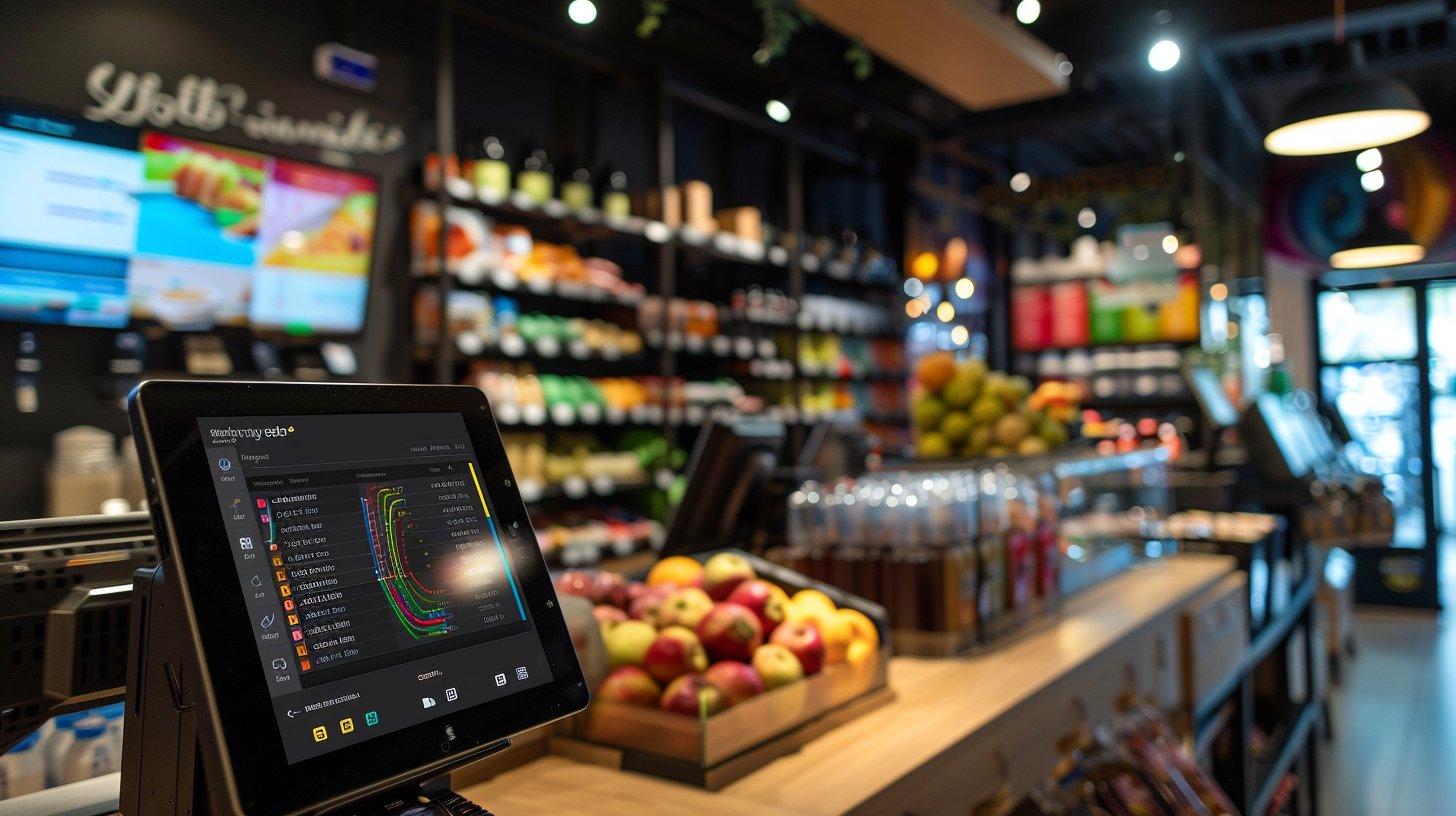 Modern POS sistemi ve stok takip programı ekranı perakende mağazasında