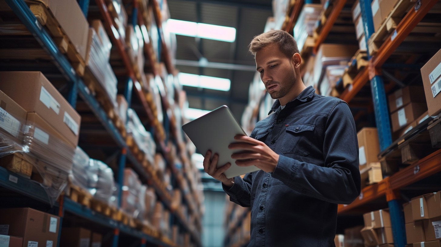 Depoda elindeki tablet ile dönem sonu stok sayımı yapan depo sorumlusu ve düzenli raflar