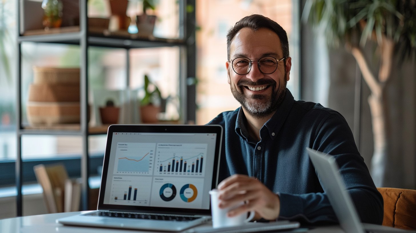 Bilgisayar başında AysimaPOS stok takip programını kullanarak maliyetlerini kontrol eden mutlu işletme sahibi